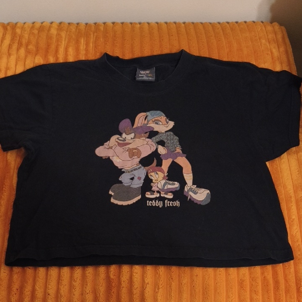 Teddy Fresh Black Tee with Pastel Cartoon Crew